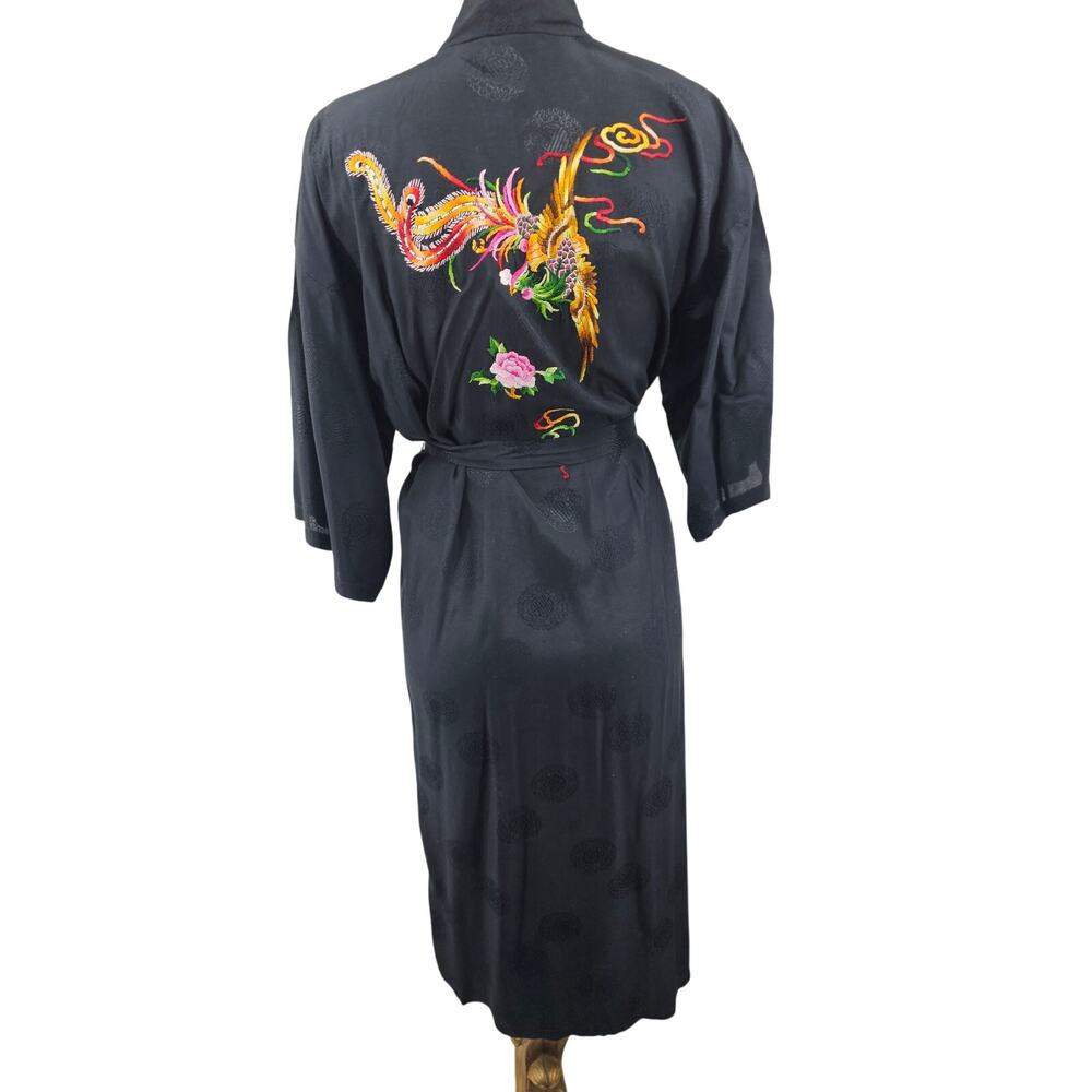 Vintage Golden Bee Embroidered Dragon Black Kimono Robe Silk Rayon Size S 4116